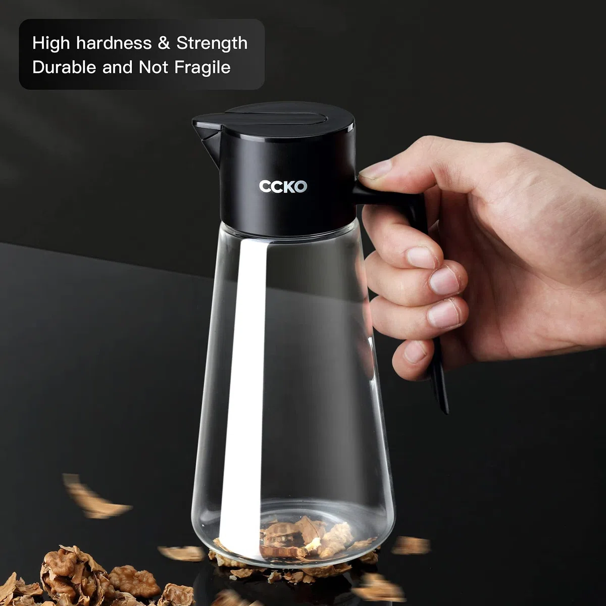CCKO Botella dispensadora de aceite de oliva de 538 ml para cocina de cocina, dispensador de aceite de cocina sin goteo, apto para salsa de soja, jarabe, vinagre, aderezo de ensalada (negro)