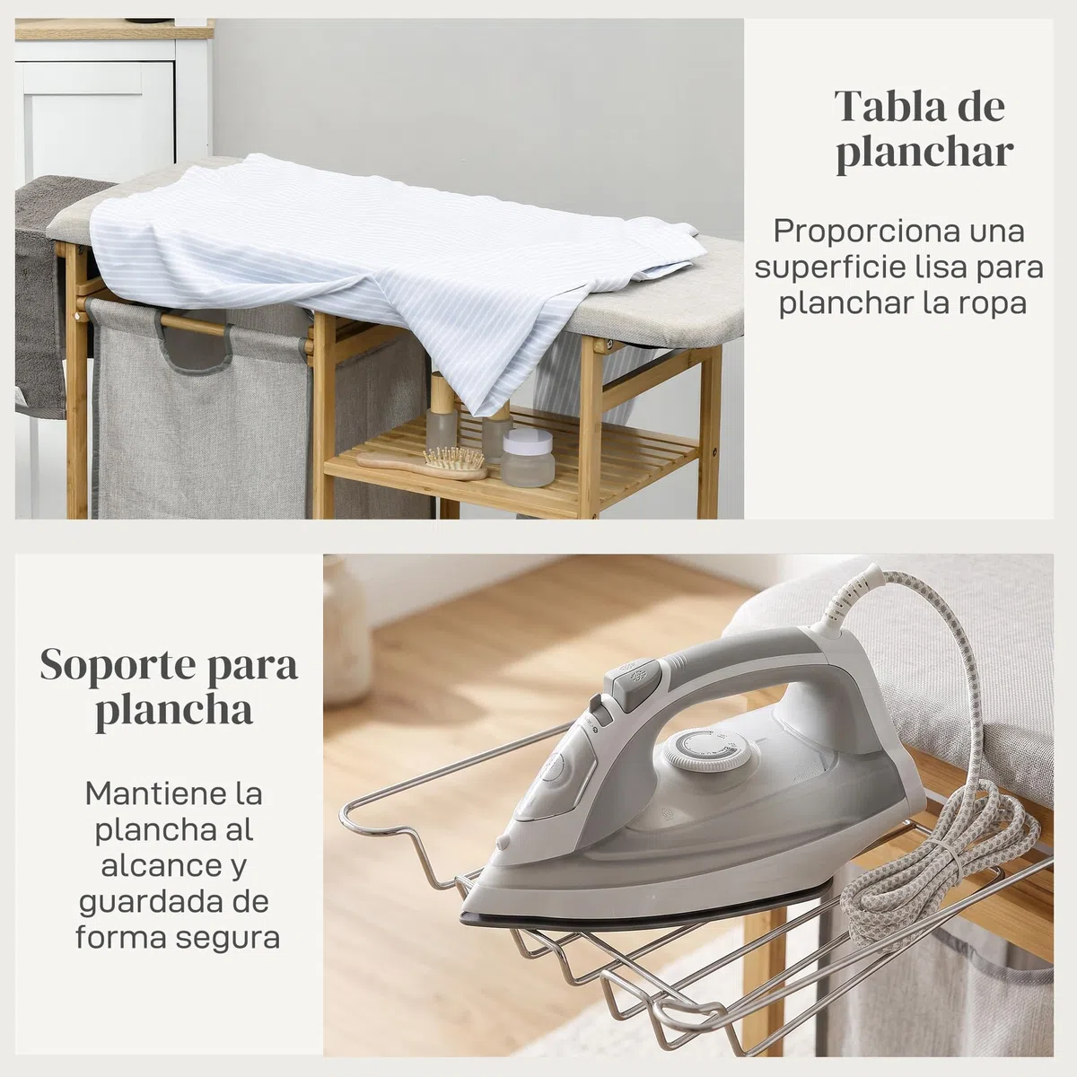 HOMCOM Cesto de Ropa Sucia 57,4L con Tabla de Planchar 113x34x82 cm Natural | Cesta Ropa Sucia de Bambú, Soporte para Plancha, 3 Estantes, Bolsa Extraíble, Estantería de Baño para Lavandería