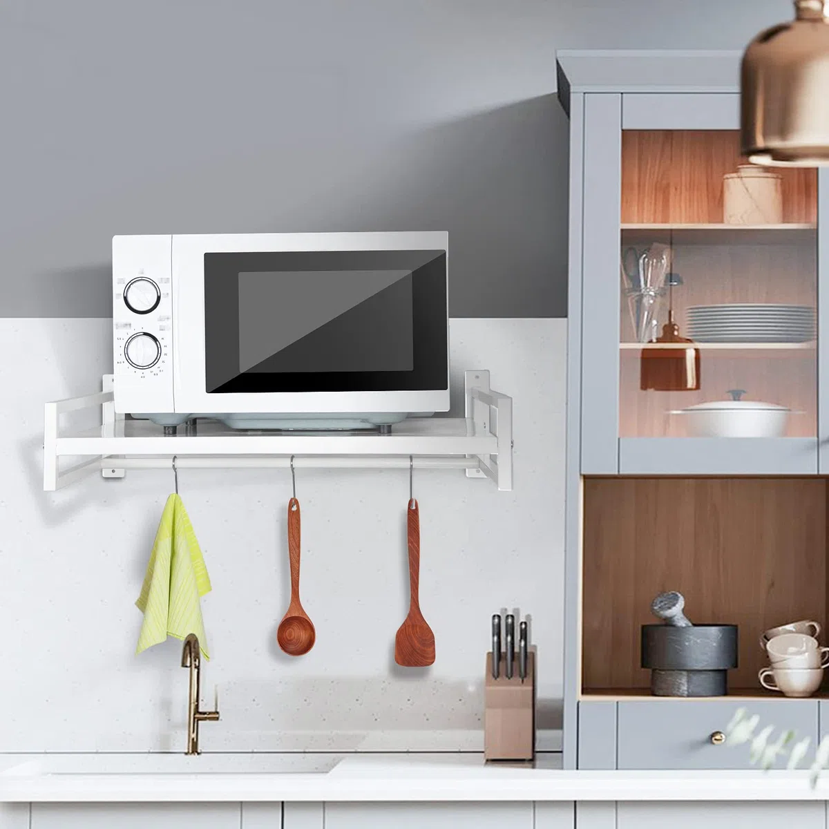 ABCOOL Estante de pared para horno microondas, soporte de encimera de acero al carbono blanco con riel de gancho y 3 ganchos deslizantes para cocina y hogar