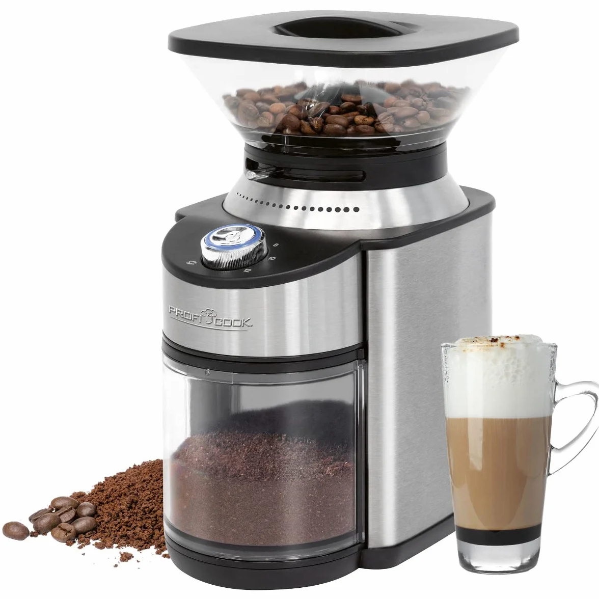 ProfiCook PC-EKM 1205 - Molinillo de café eléctrico, 200 W, 16 ajustes de grado de molienda, acero inoxidable, molinillo de café, hasta 230 g de granos de café, temporizador eléctrico