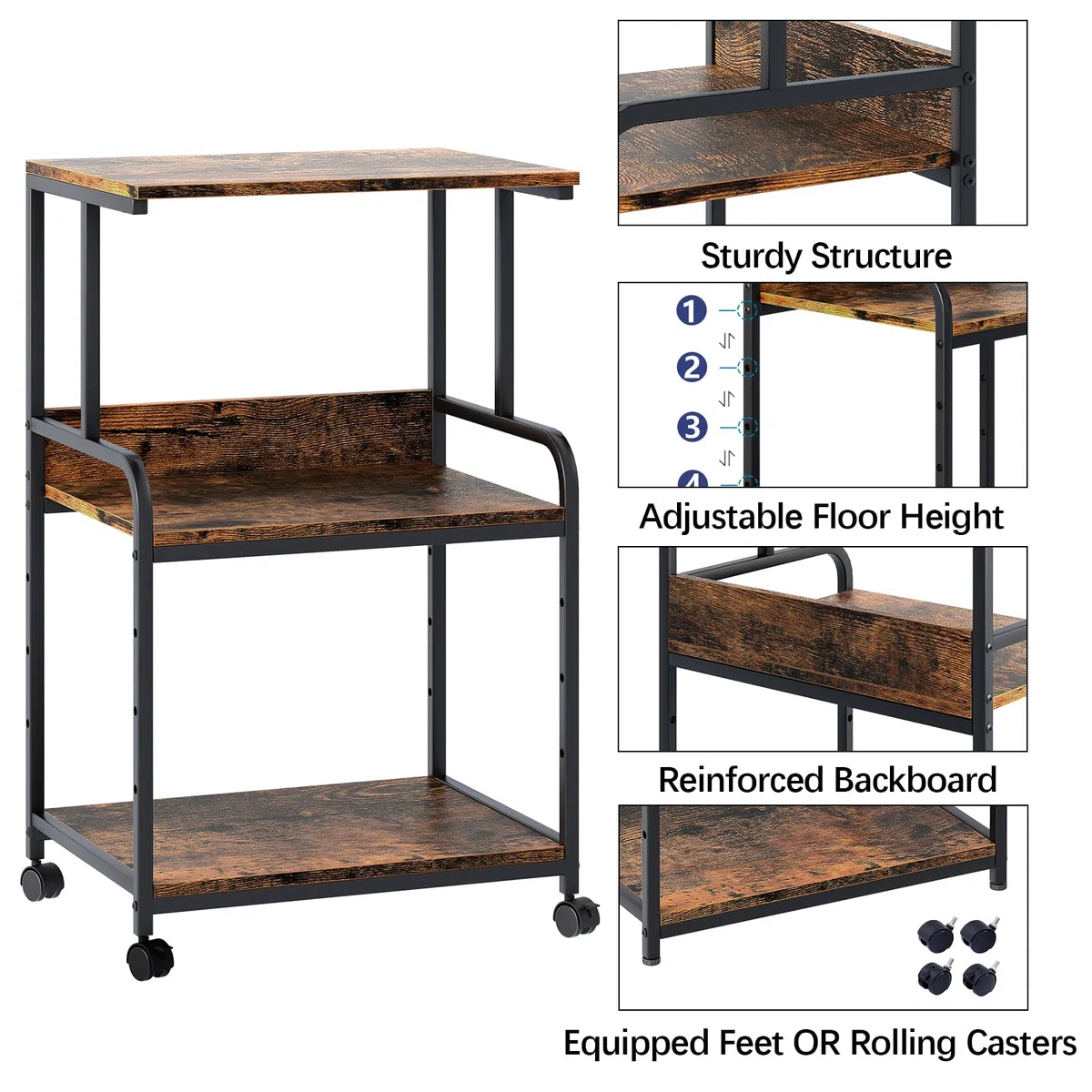Soporte de impresora de 3 niveles, mesa de impresión con ruedas, carro de impresora de metal, estante para oficina, hogar, escuela y estudio, armario de impresora para fax, fotocopiadora, escáner
