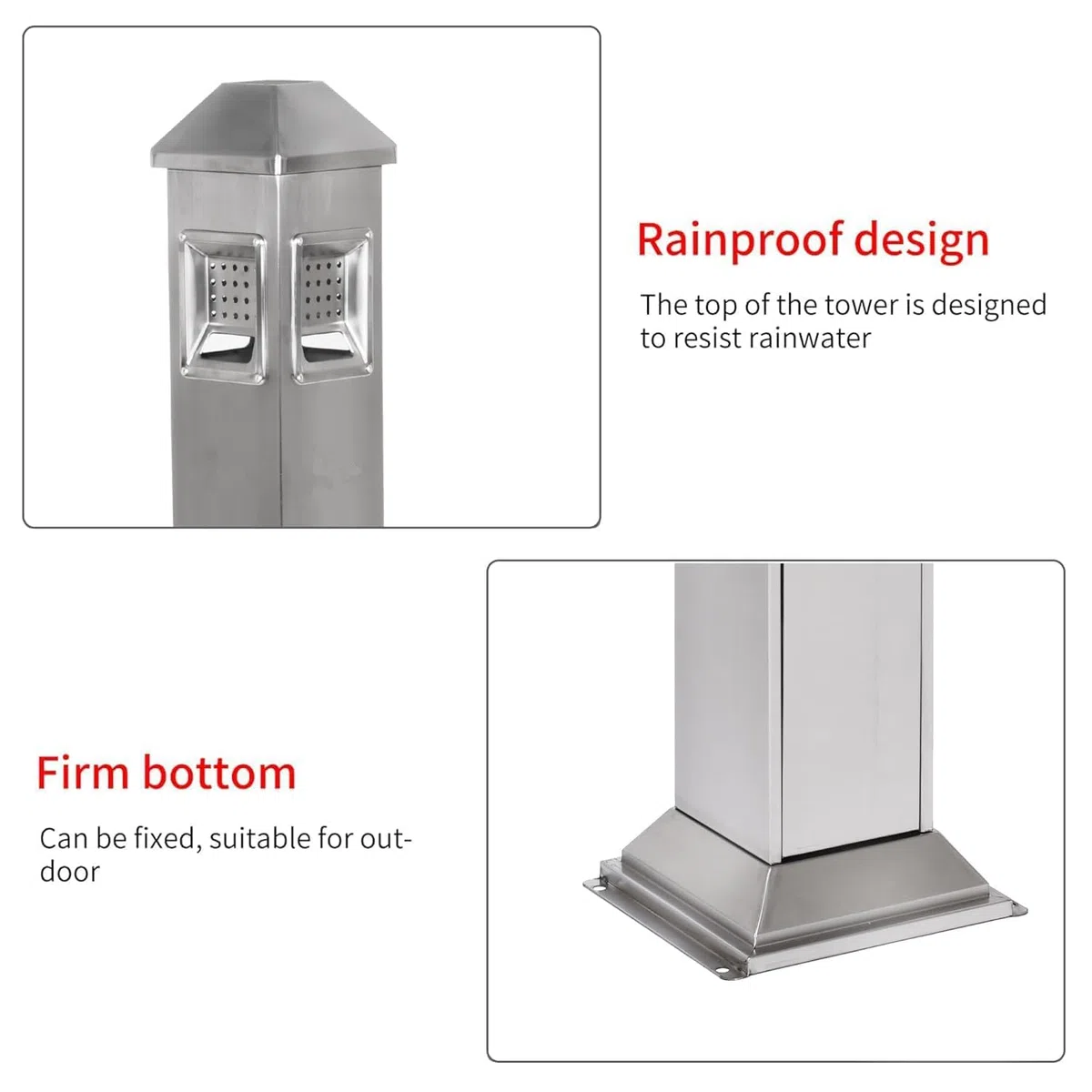 Cubo de basura vertical de acero inoxidable con 4 entradas, 120 cm, para exteriores, con cierre