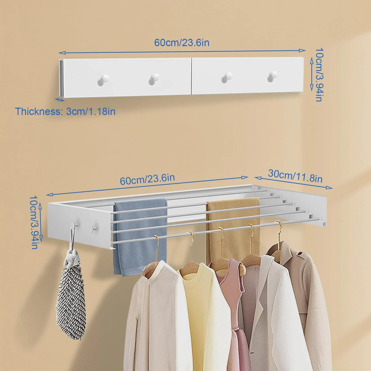 Tendedero de pared con montaje en la pared, con ganchos mejorados, tendedero de pared simple, plegable, tendedero de pared para interior o exterior, tendedero de pared extensible para el