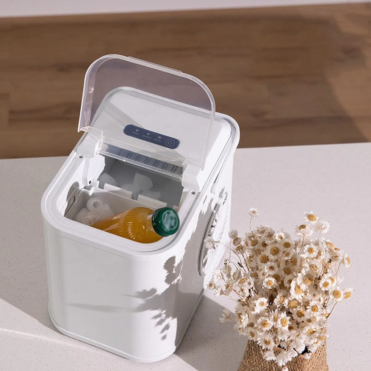 Máquina de Hielo de encimera, con asa, Capacidad de 22 a 26 Libras en 24 Horas, 8 Cubos listos en 6 a 12 Minutos, para el hogar, la Cocina, el Camping y la Autocaravana (Blanca)