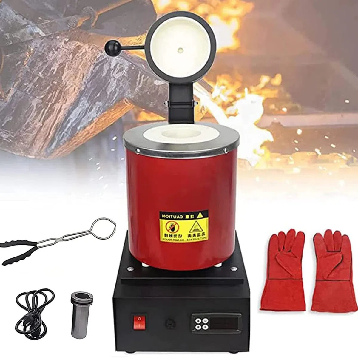 LINCYS Horno Eléctrico Fundición Oro, Máquina Fundición De Acero Dorado Y Plateado, Máquina Automática Horno Fusión Digital De 1150 ℃ /2102 ℉ con Crisol De Grafito,Red-3KG