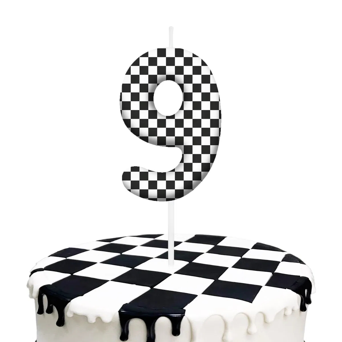 Velas de cumpleaños número 9 a cuadros en blanco y negro, decoración para tartas para fiestas temáticas de coches de carreras, velas de pastel de cumpleaños número 9 para niños y niñas, suministros de