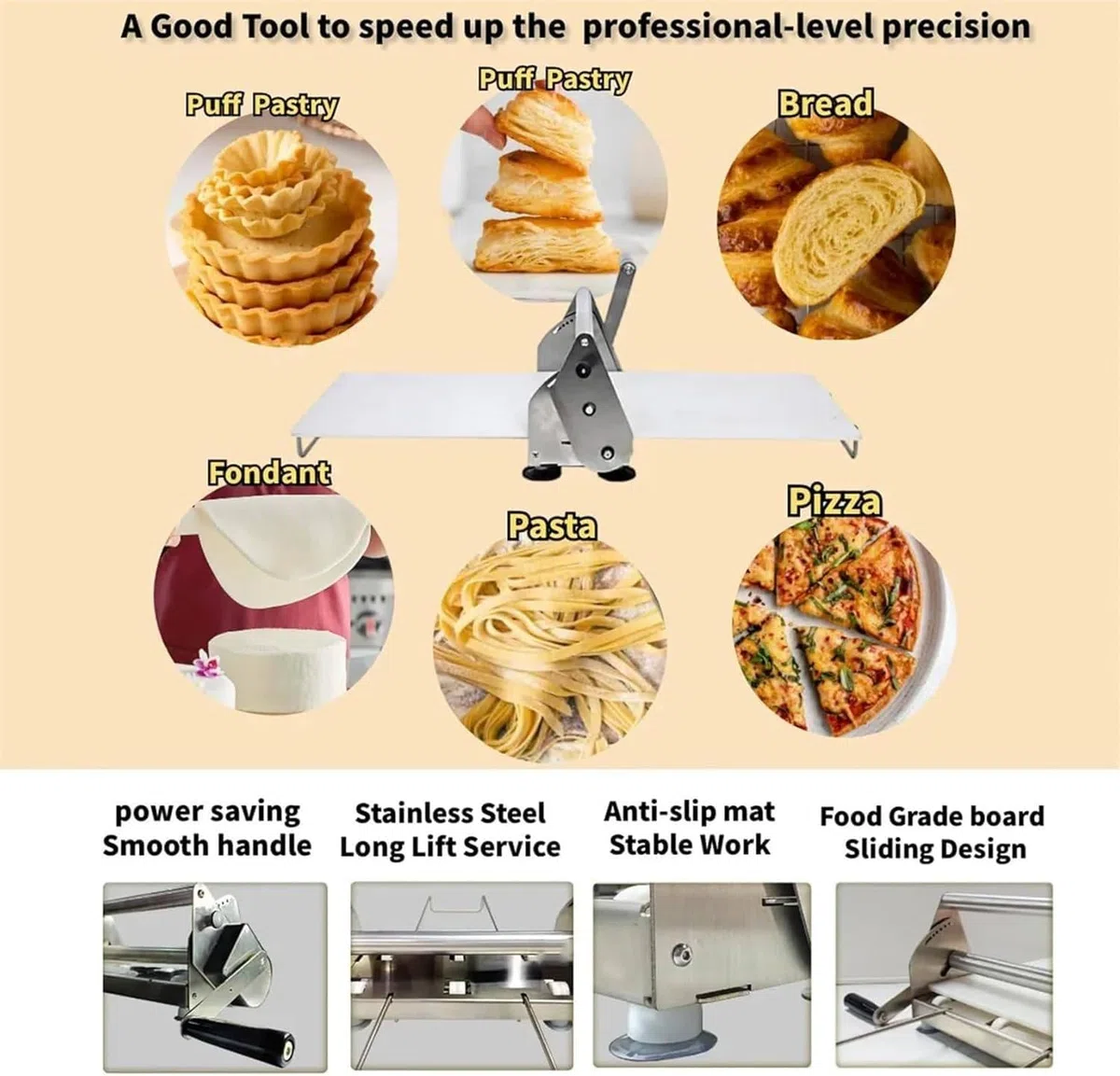 Máquina laminadora de masa para panadería, pizza y croissant, rodillos de acero inoxidable de grosor ajustable, equipo de pastelería comercial plegable
