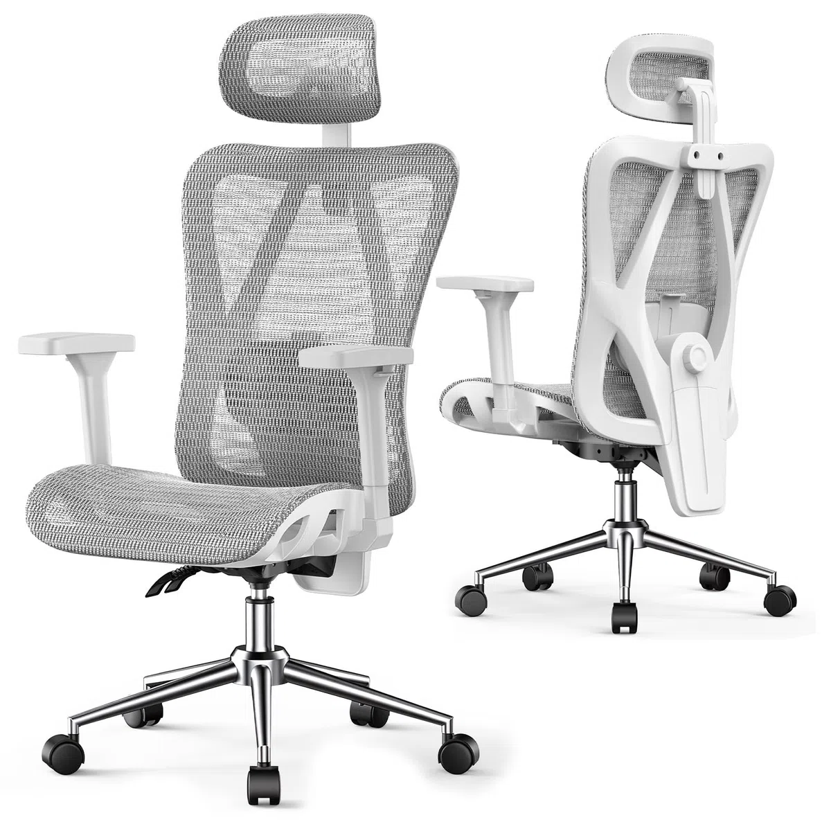 naspaluro Silla de Oficina Ergonómica con Reposacabezas, Respaldo Ajustable en 3 Posiciones, Carga hasta 150kg, Silla de Escritorio para Oficina y Home Office, Gris Claro