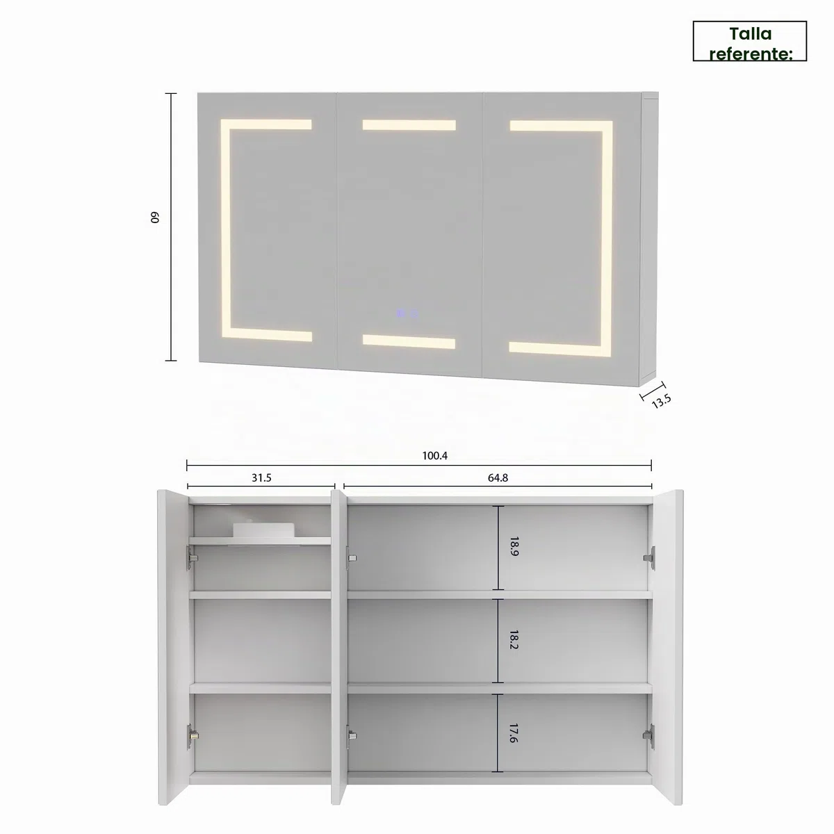 Armario con espejo con iluminación led, gabinete de baño con 3 colores de luz, espejo de baño con almacenamiento y 3 puertas, armario con espejo con estante ajustable (blanco, 2, 100 x 60 cm)