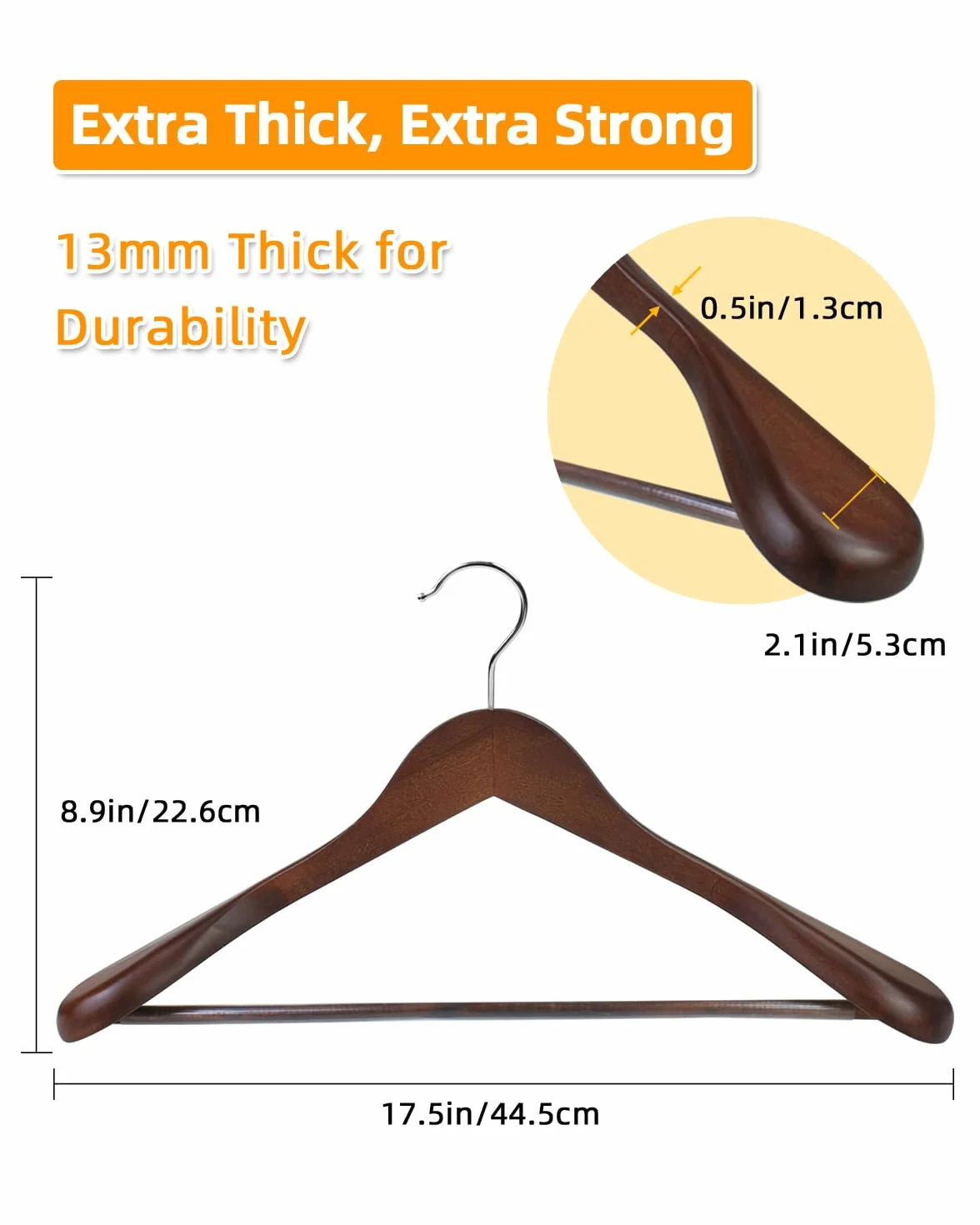 Hangerman 10pcs Perchas de Madera Perchas con Barra de Pantalones Antideslizante Naturaleza Perchas para Abrigos,Trajes(10pcs Perchas con Hombros Extra Anchos) ，Nogal