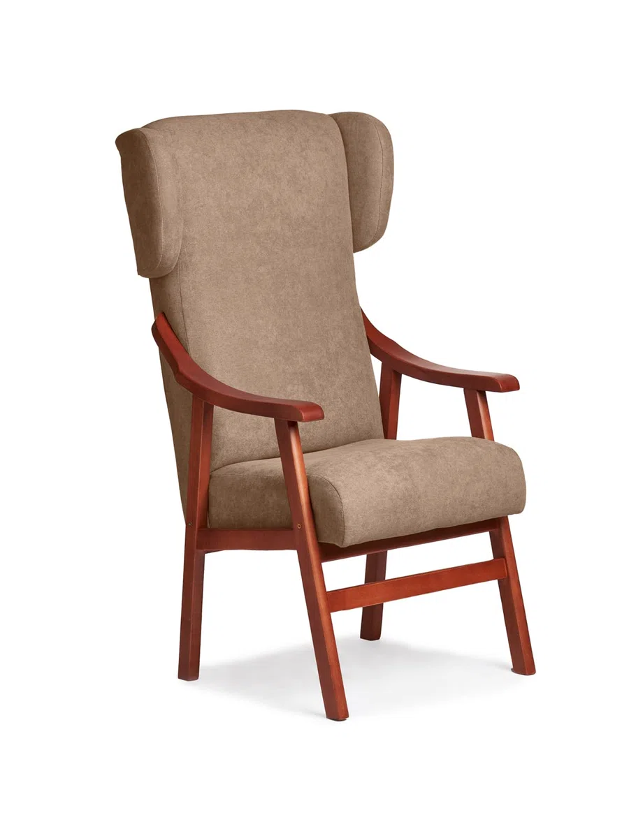 Silla Ergonómica con Brazos y Orejas Apoyacabeza en Madera de Cerezo. Tapizado Antimanchas para Personas Mayores o Geriátrico (115 x 71 x 57 cm) [Tostado]