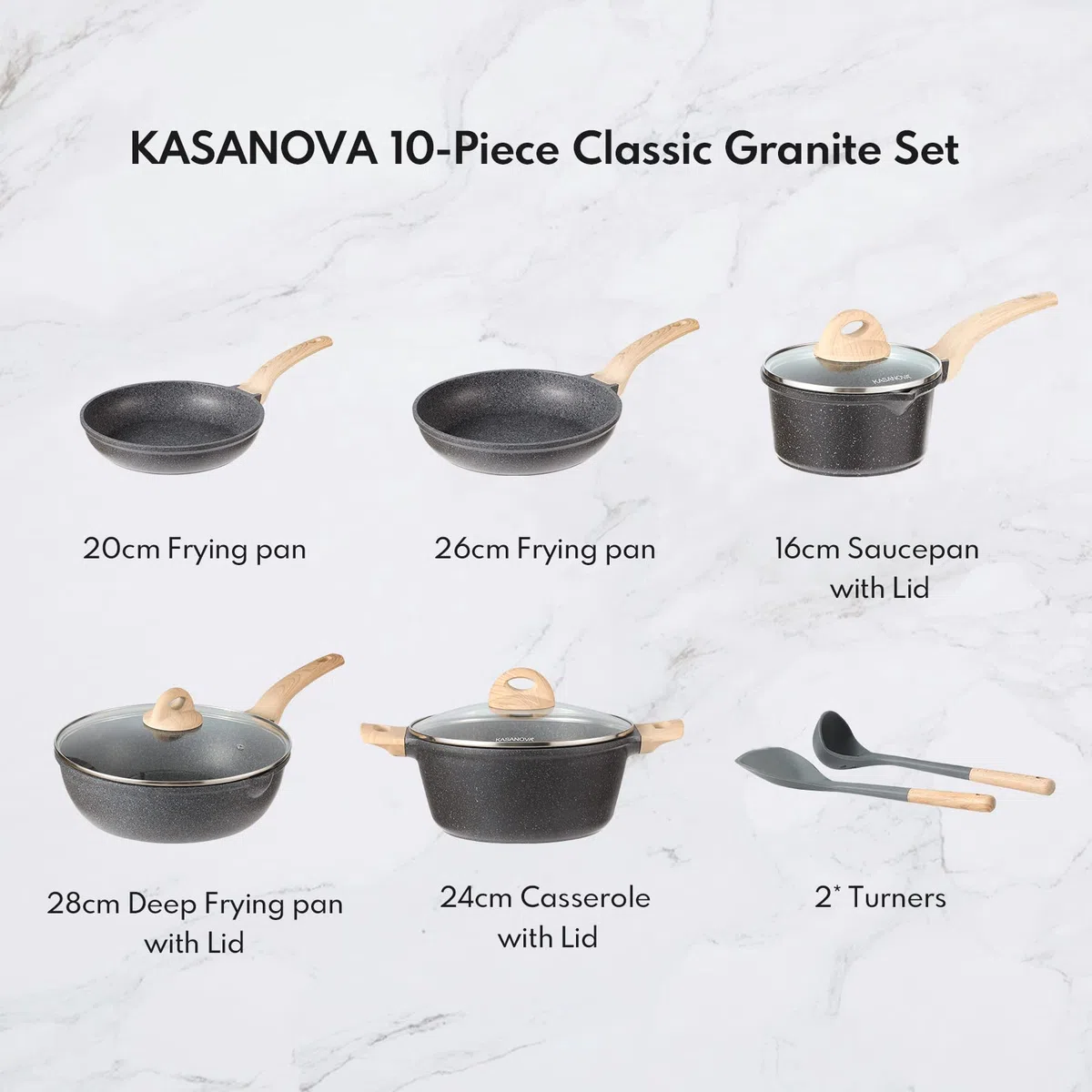 KASANOVA Sartenes de 24/28 cm, cacerola de 1,5 l, olla de sopa de 20/24/28 cm, 2,3/4/6,3 l, revestimiento antiadherente, tapa de cristal, juego de utensilios de cocina para todo tipo de cocinas,