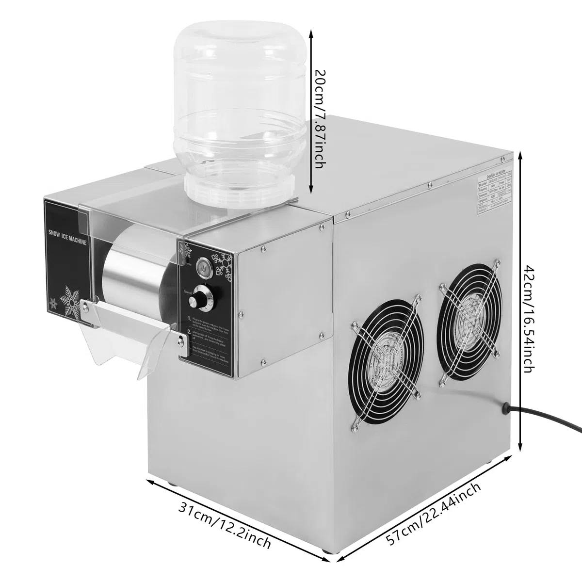 Máquina de hielo comercial de copo de nieve, 120 kg/día, máquina de hielo de copo de nieve 304, de acero inoxidable, compresor de refrigeración refrigerado por aire, 750 W/220 V (tipo botón)
