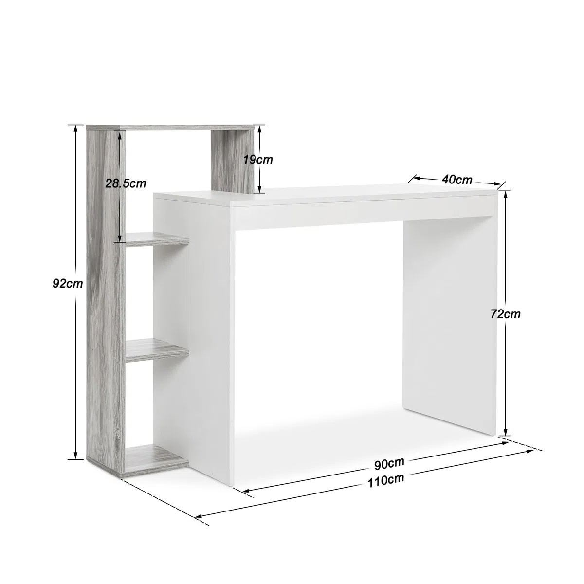 Mondeer Escritorio, Mesa de Ordenador con Estante de Almacenamiento de 3 Niveles, Ahorro de Espacio, para Oficina Estudio Estación de Trabajo, 110 x 40 x 92 cm, Blanco y Gris