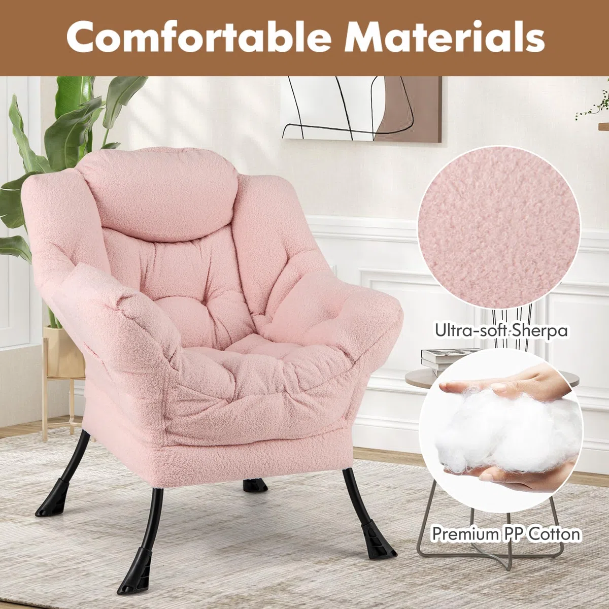 HOMASIS Sillón reclinable tapizado, sillón con reposabrazos y Almohada, sillón de Lectura con Bolsillo Lateral, sillón TV en Tela y Metal para salón Dormitorio (Modelo 1 sin Taburete, Rosa)