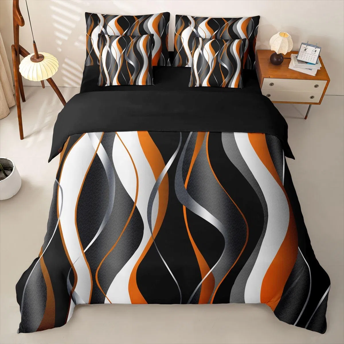 Loussiesd Juego de funda de edredón de 7 piezas, diseño geométrico en espiral, color naranja, gris y negro, juego de ropa de cama con funda de edredón, sábanas, fundas de almohada y fundas de cojín