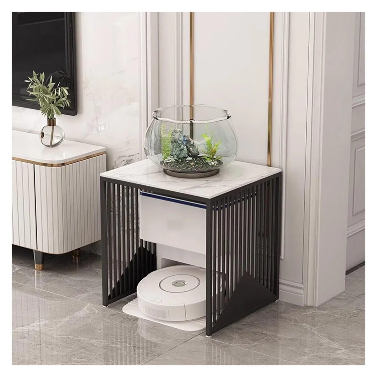 bastidor para máquina barredora Estante De Exhibición Negro Del Tanque De Pescados, Robot De Metal Gabinete De Almacenamiento De Vacío De Alta Resistencia, Mesa De 2 Capas Para Adornos Decorativos(LxW