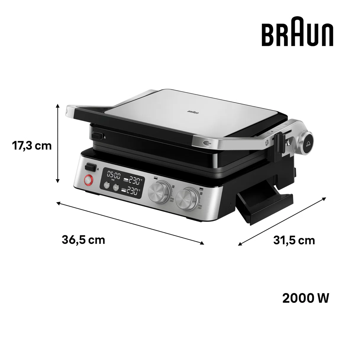 Braun MultiGrill 7 CG 7040, Plancha Cocina Eléctrica con Control Electrónico, 2 Termostatos Independientes, 3 Posiciones de Cocción, Placas Lavables en Lavavajillas, 2000 W, Negro/Acero Inoxidable