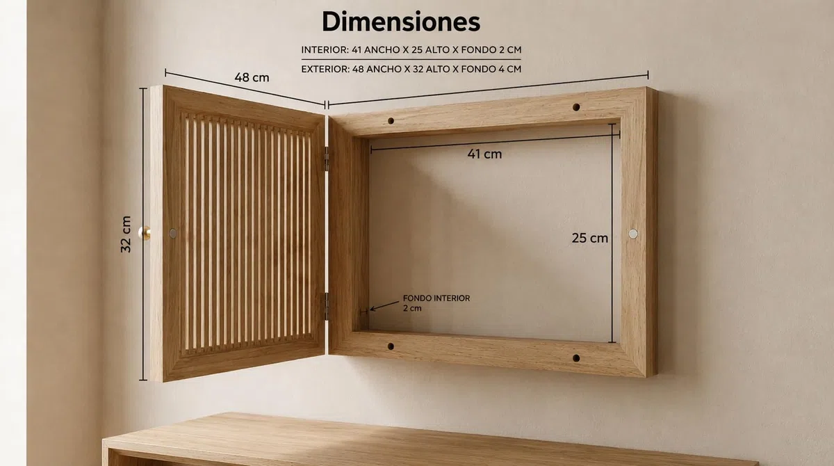 Veta Tapa Cuadro Eléctrico Decorativo de Madera de Pino | Tapa Contador Luz con Rejilla de Ventilación y Puerta Abatible | Cubre Cuadro Eléctrico y Caja para Tapar Diferenciales (41x25 cm Interior)