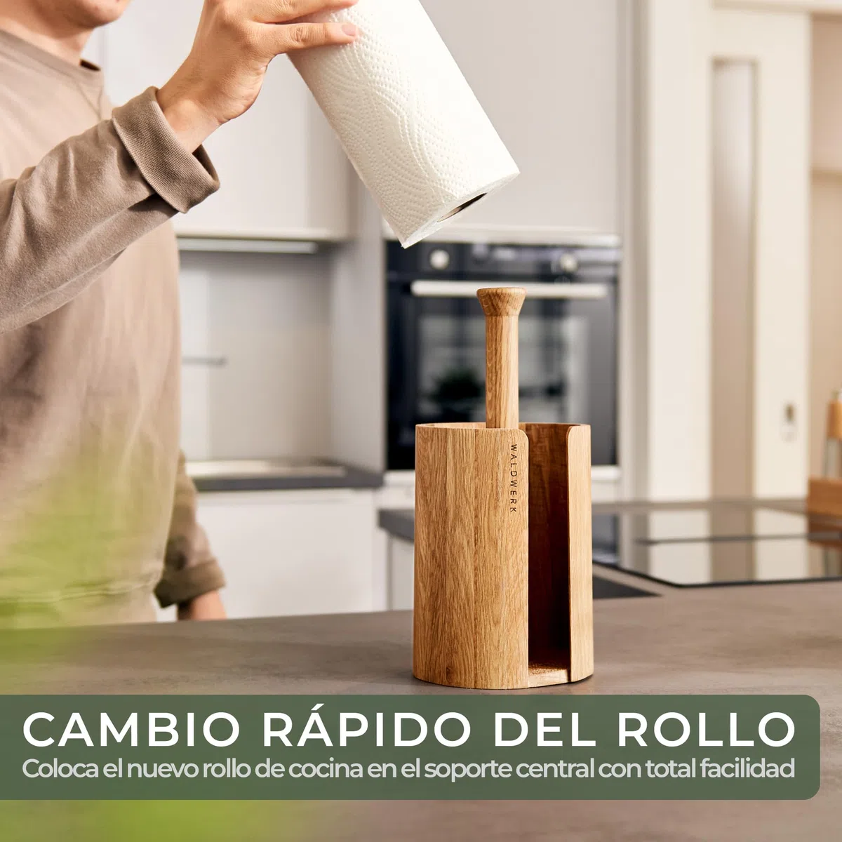 WALDWERK Portarrollos Papel Cocina Diseño – Porta Rollos de Papel Cocina de auténtica Madera de Roble para Todos los Rollos de Cocina estándar – Soporte Papel Cocina sin plástico