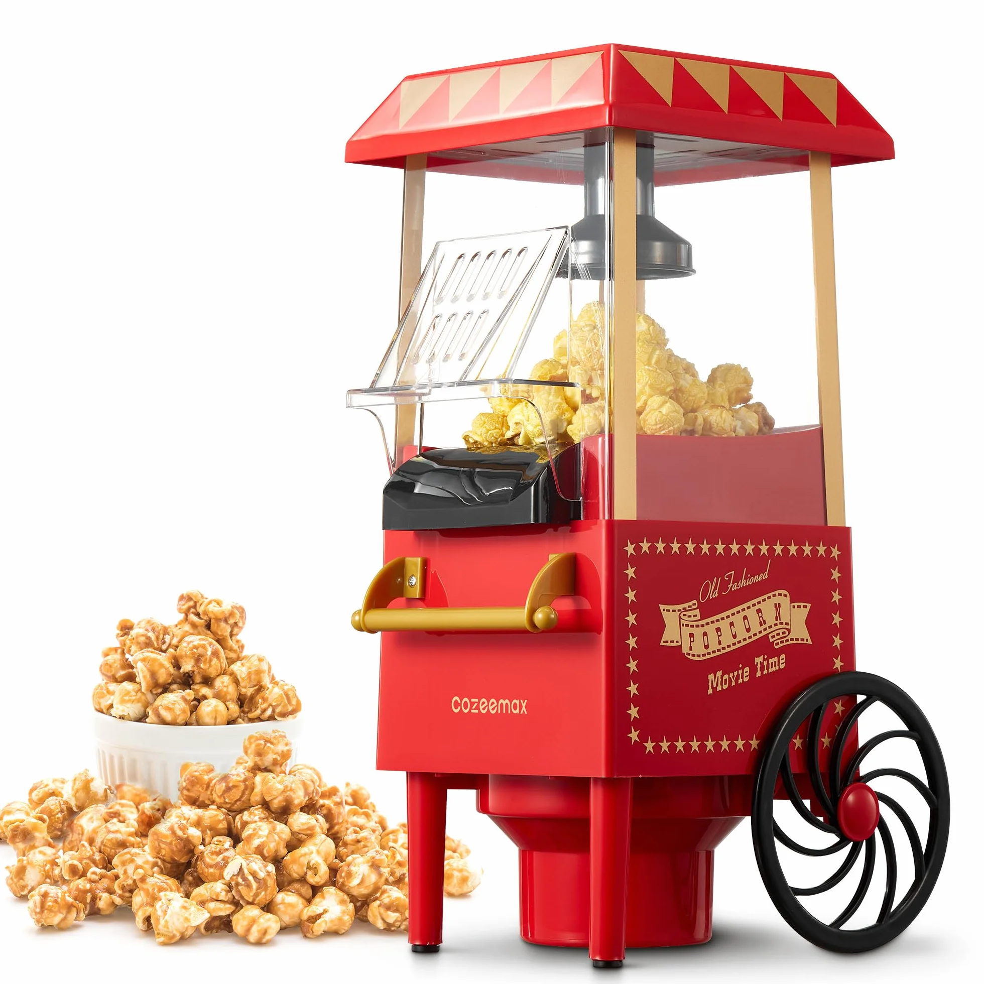 Palomitero, 1200W Vintage Máquina de Palomitas con Gran Capacidad, máquina de hacer palomitas dulces Aire Caliente Sin Grasa AceitaLibre de BPA, Rojo