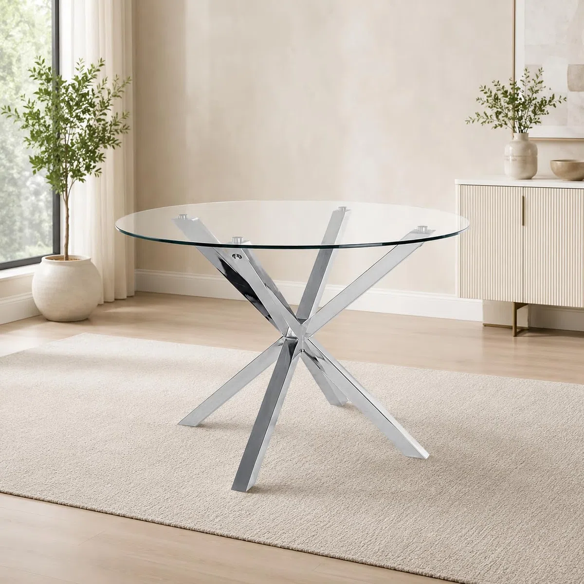 Mesa de Comedor Redonda 120 cm – Mesa de Cocina de Cristal Templado para 4-6 Personas – Mesa Redonda Moderna con Patas de Acero, Montaje Fácil, Carga 70 kg, Gris