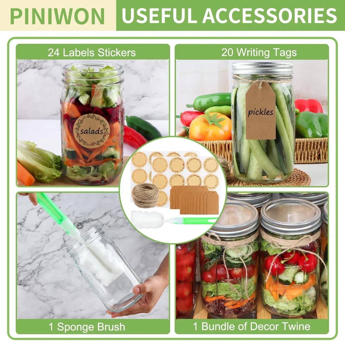 PINIWON Tarros Mason de boca ancha de 32 onzas, Frascos de Vidrio con Tapa y Bandas Herméticas, Paquete de 12 Tarros de Conservas de Cuarto de Galón para Enlatar, Encurtir, Conservar
