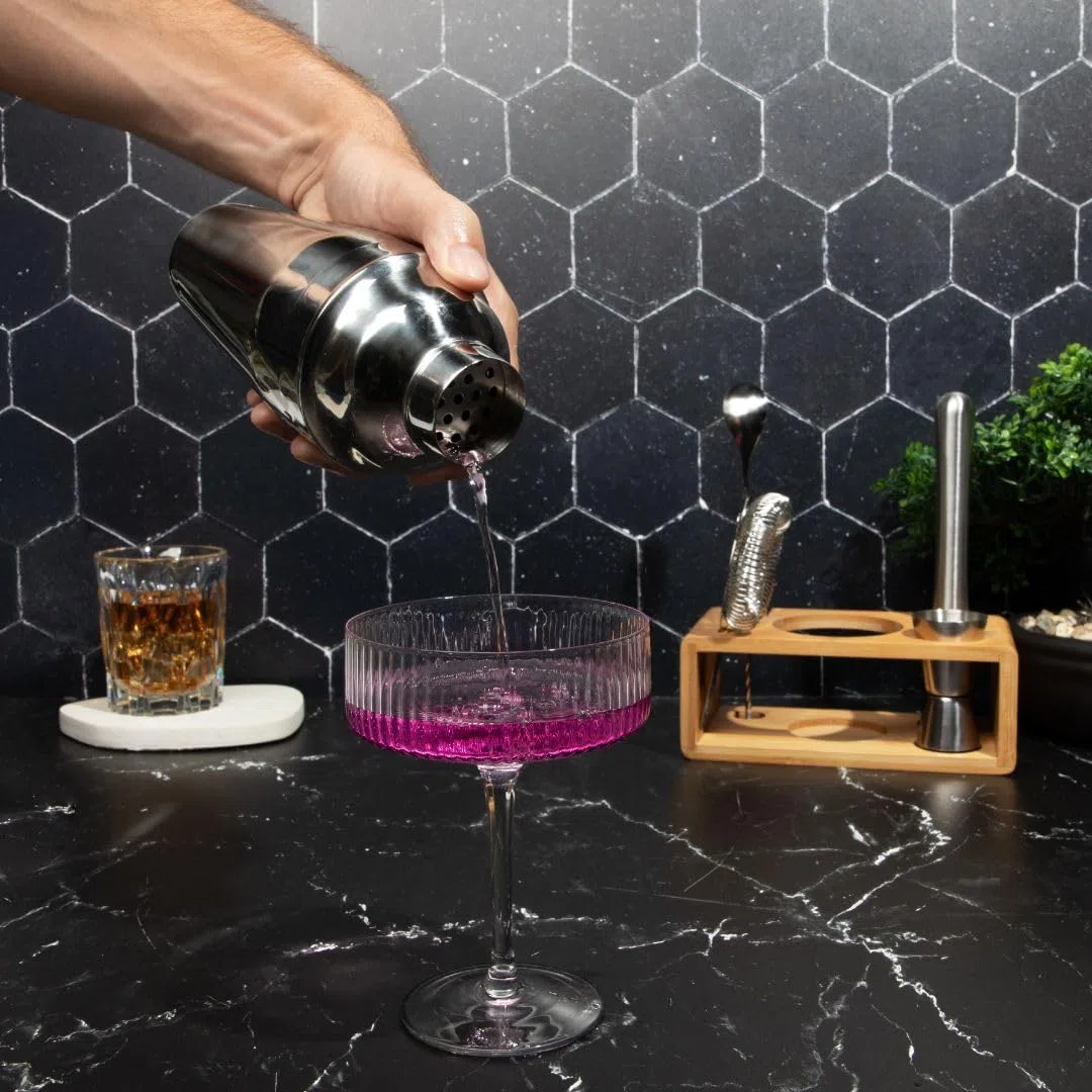 Juego de coctelera de alta calidad con soporte de bambú, kit de herramientas de barra de 4 piezas, juego de barman de acero inoxidable con agitador, medidor, cuchara mezcladora y colador