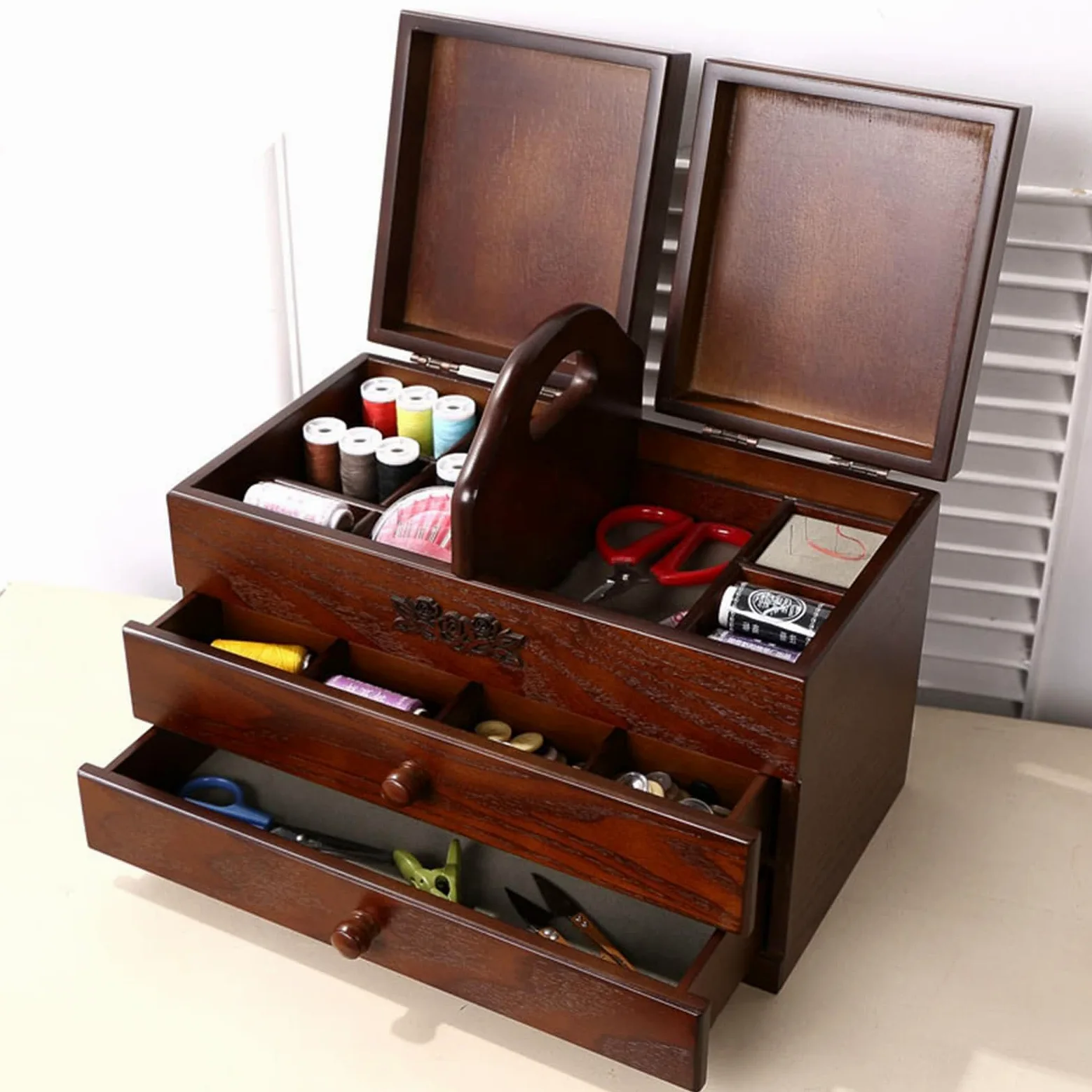Caja de costura grande de madera con 2 cajones para el hogar y bordado, organizador y compartimento para herramientas para un fácil transporte, caja vacía