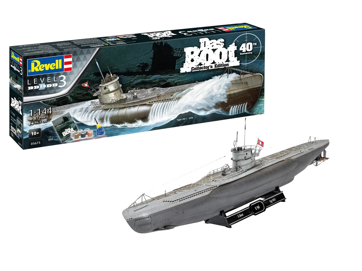 Revell - 05675 Set de Regalo Set de películas Das Boot - 40 Aniversario, Escala 1:144, 46,5cm, Kit Modelo con Pinturas Base, Pegamento y brocha