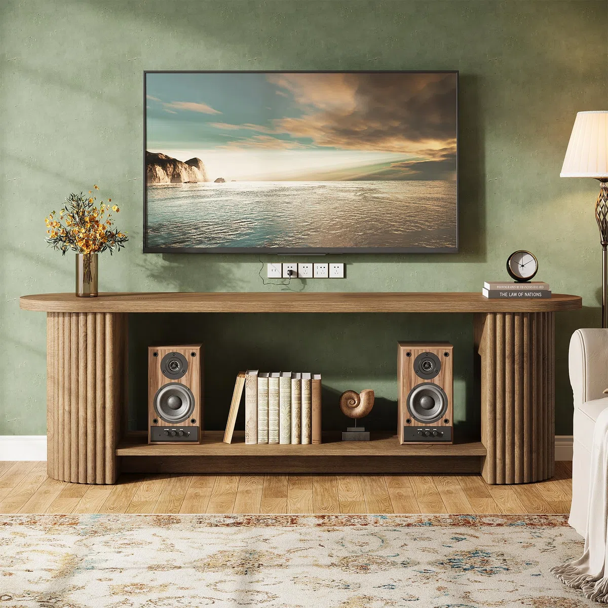 Tribesigns Mueble de TV de 160 cm, Mesa de TV de hasta 75 Pulgadas, Mueble para TV Rústico con Diseño Acanalado, Mueble Television con Almacenamiento para Salón, Dormitorio, Marrón