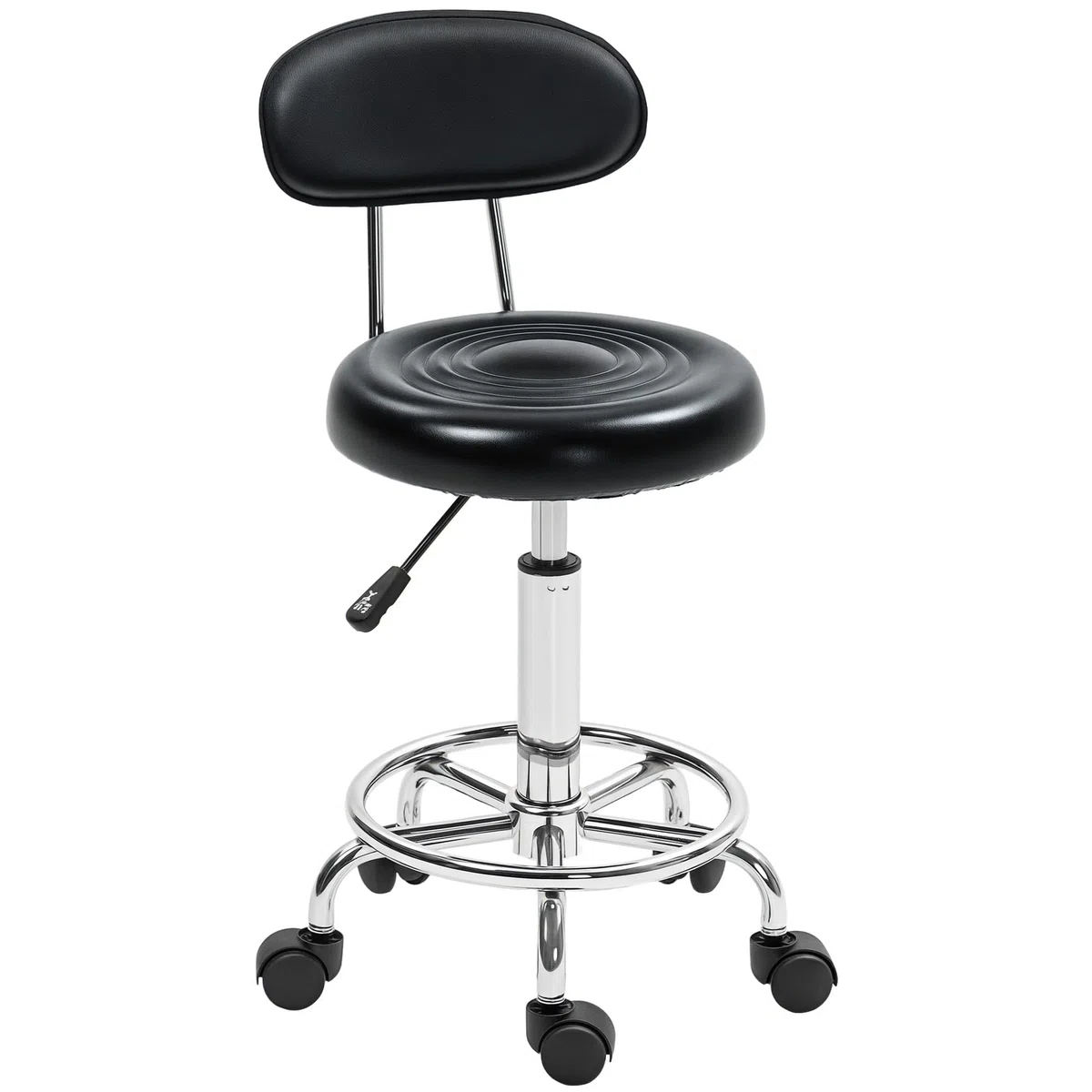 HOMCOM Taburete Giratorio con Ruedas y Respaldo Taburete de Trabajo con Altura Regulable 70-86 cm Asiento Tapizado de Cuero Sintético Negro