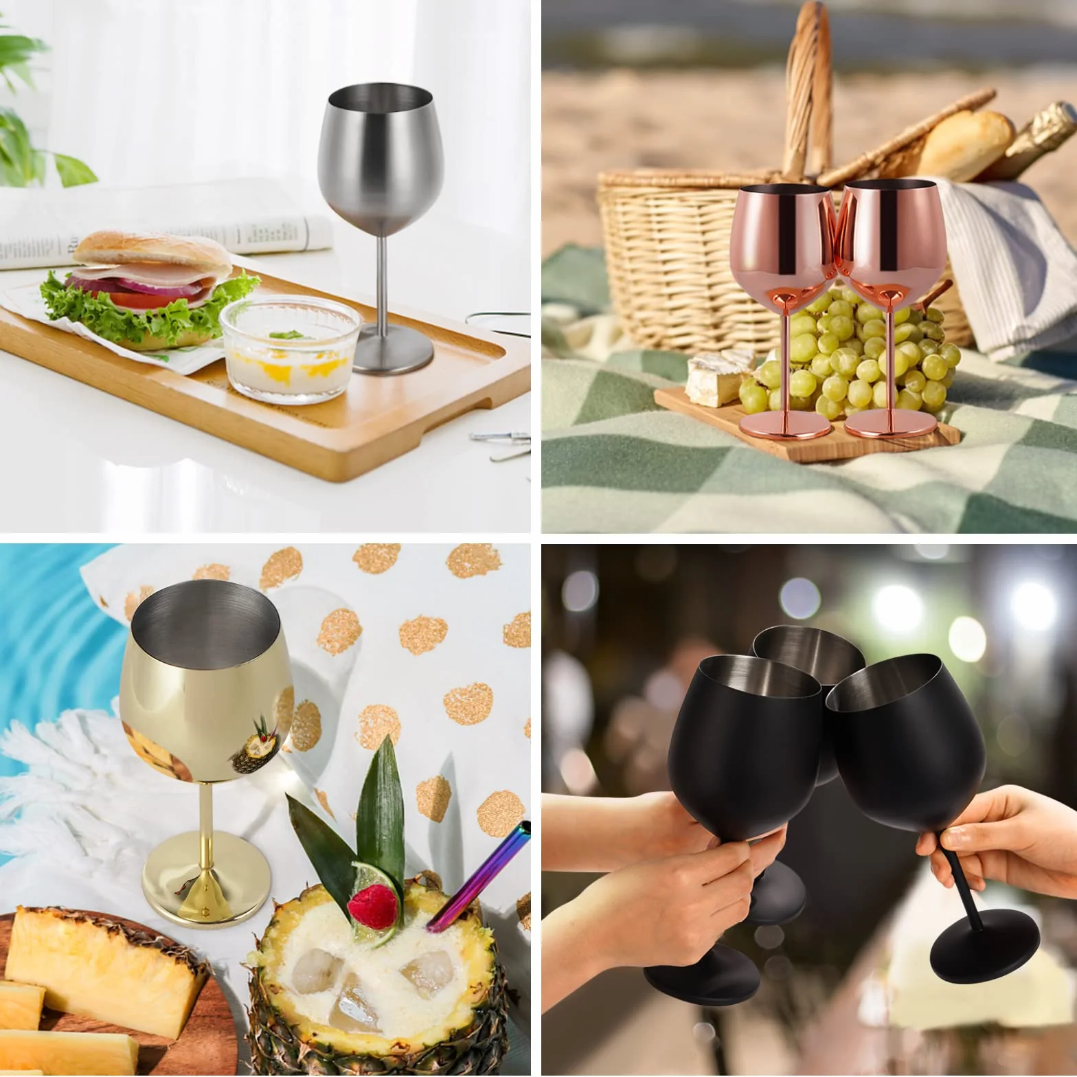 Lifecapido Juego de 4 copas de vino de acero inoxidable, copas de vino de acero inoxidable de 18 onzas con cepillo para tazas, copas de vino de metal con tallo para fiesta, oficina, boda, aniversario,