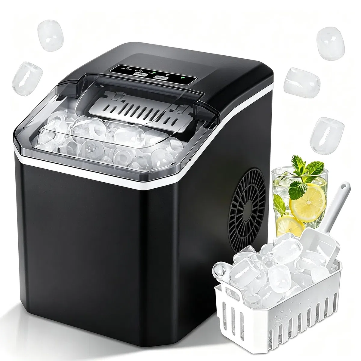 Máquina para Hacer Cubitos de Hielo | 15Kg/24H, 9 Cubitos de Hielo en 6 Min,1.3L,Maquina de Hacer Hielo Autolimpiable,con aAsa,Pala,para el Hogar Fiesta Cocina Bar