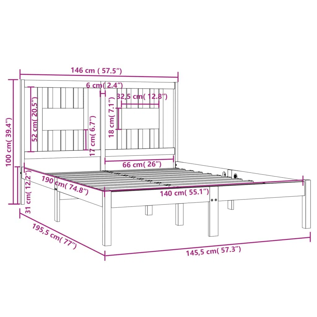 Cama de madera maciza de pino blanco de 140 x 190 cm, marco de cama resistente con cabecero, cama de madera para dormitorio, adultos, adolescentes, duradera