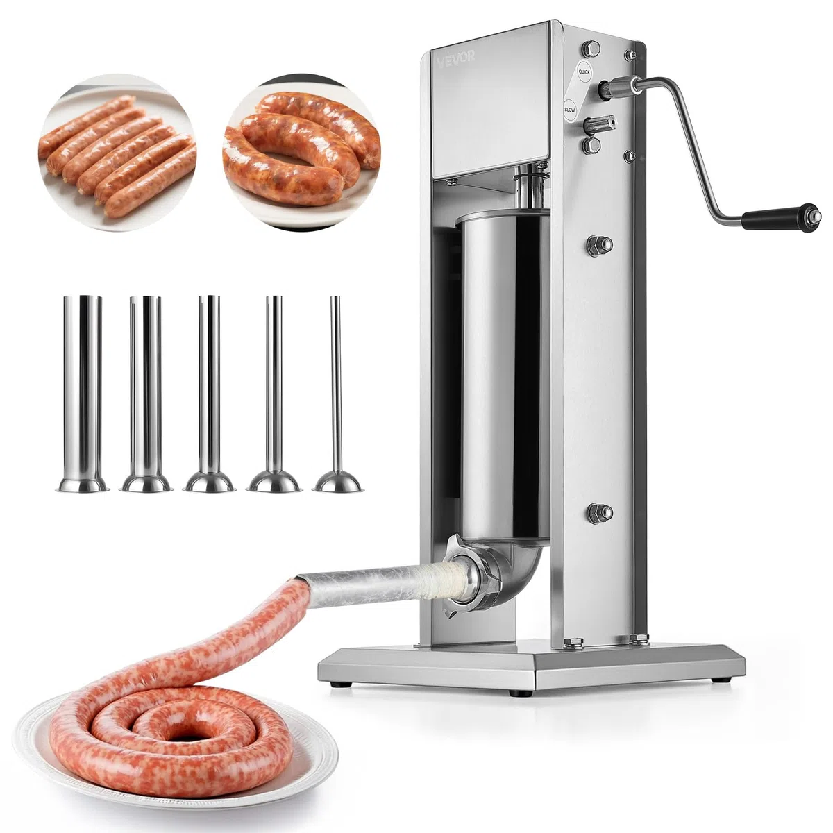 VEVOR Embutidora Manual de Salchichas de 5 L, Máquina de Llenado Vertical de Carne con 2 Velocidades de Rápida/Lenta, Acero Inoxidable Resistente, con 5 Tubos de Embutido, 490 x 300 x 660 mm