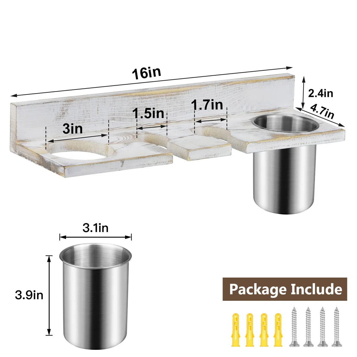 Organizador de herramientas para el cabello montado en la pared, construcción de madera de pino resistente, taza de acero inoxidable extraíble, sostiene secadores de pelo, alisadores, rizadores