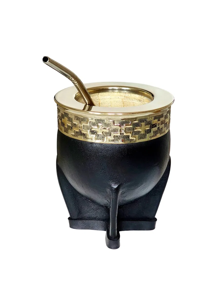 Taza Mate Imperial Calabaza Argentina - Hecho de Interior Calabaza Natural - Exterior Cuero Negro con Plata Alemana (Alpaca)- Incluye Bombilla de Acero Inoxidable