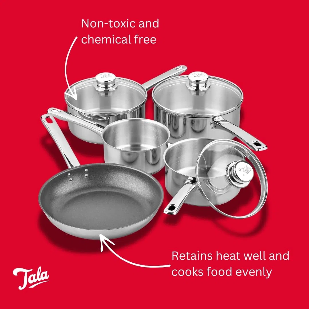 Tala Performance - Juego de utensilios de cocina de acero inoxidable de 5 piezas que contienen cacerolas con tapas de vidrio, 16, 18 y 20 cm, sartén de leche de 14 cm, sartén antiadherente de 24 cm