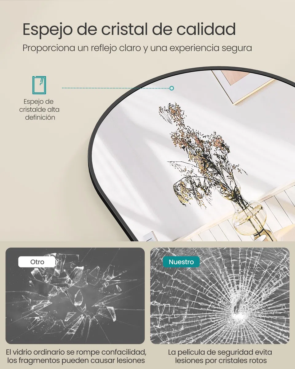 SONGMICS Espejo de Cuerpo Entero, 160 x 50 cm, Espejo Arqueado con Soporte, con Marco de Aleación de Aluminio, Cristal Templado, para Dormitorio, Salón, Vestuario, Navidad, Negro Tinta LFM031B01