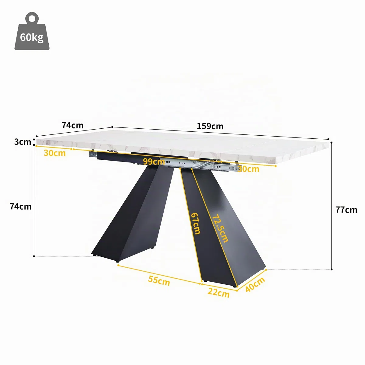 Mesa de comedor extensible (99-159 x 74 cm), mesa de cocina con amplia superficie de trabajo, diseño flexible, adecuada para oficina en casa y sala de estar, con patas de columna (tablero