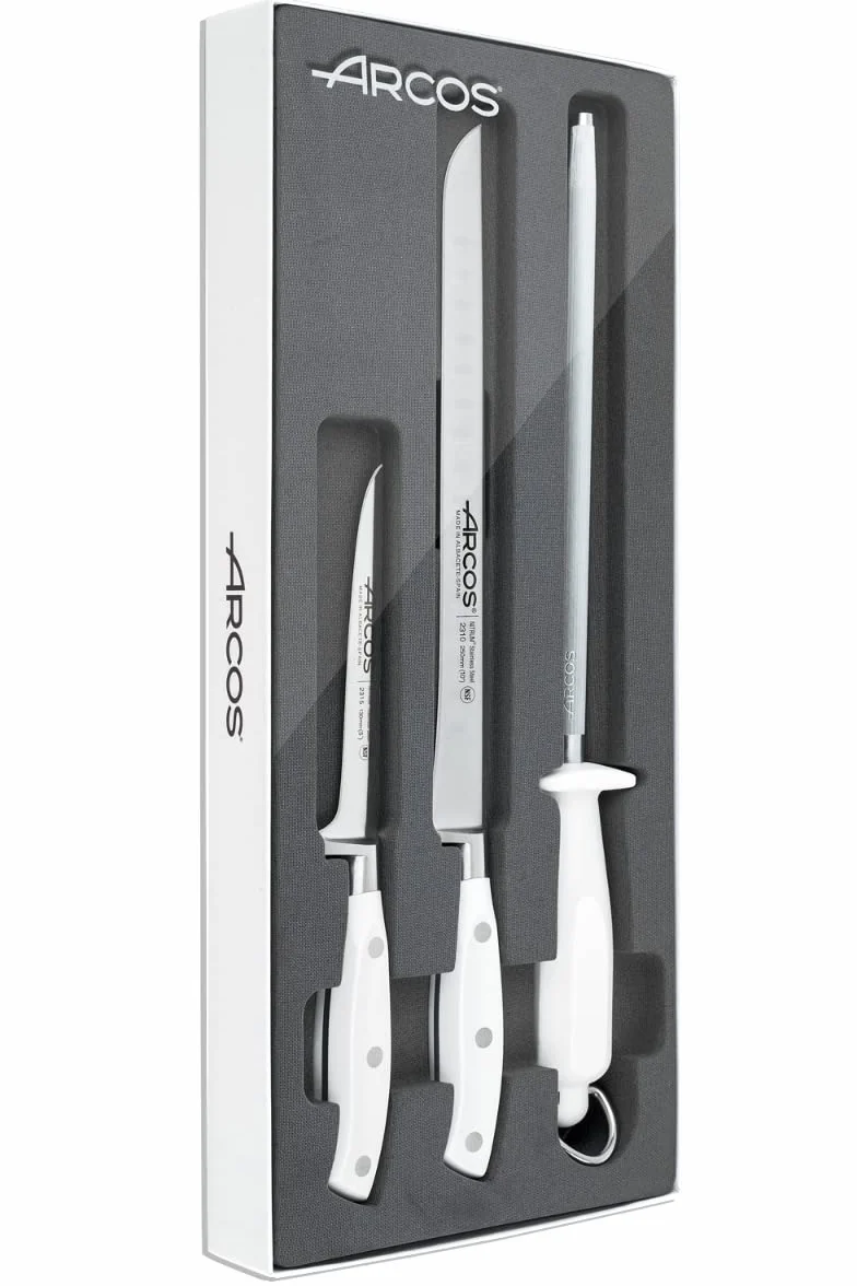 Arcos Serie Riviera Blanc - Set de Deshuesador, Jamonero y Chaira, Acero Inoxidable, Blanco, 50x20x5 cm, 3 Unidades