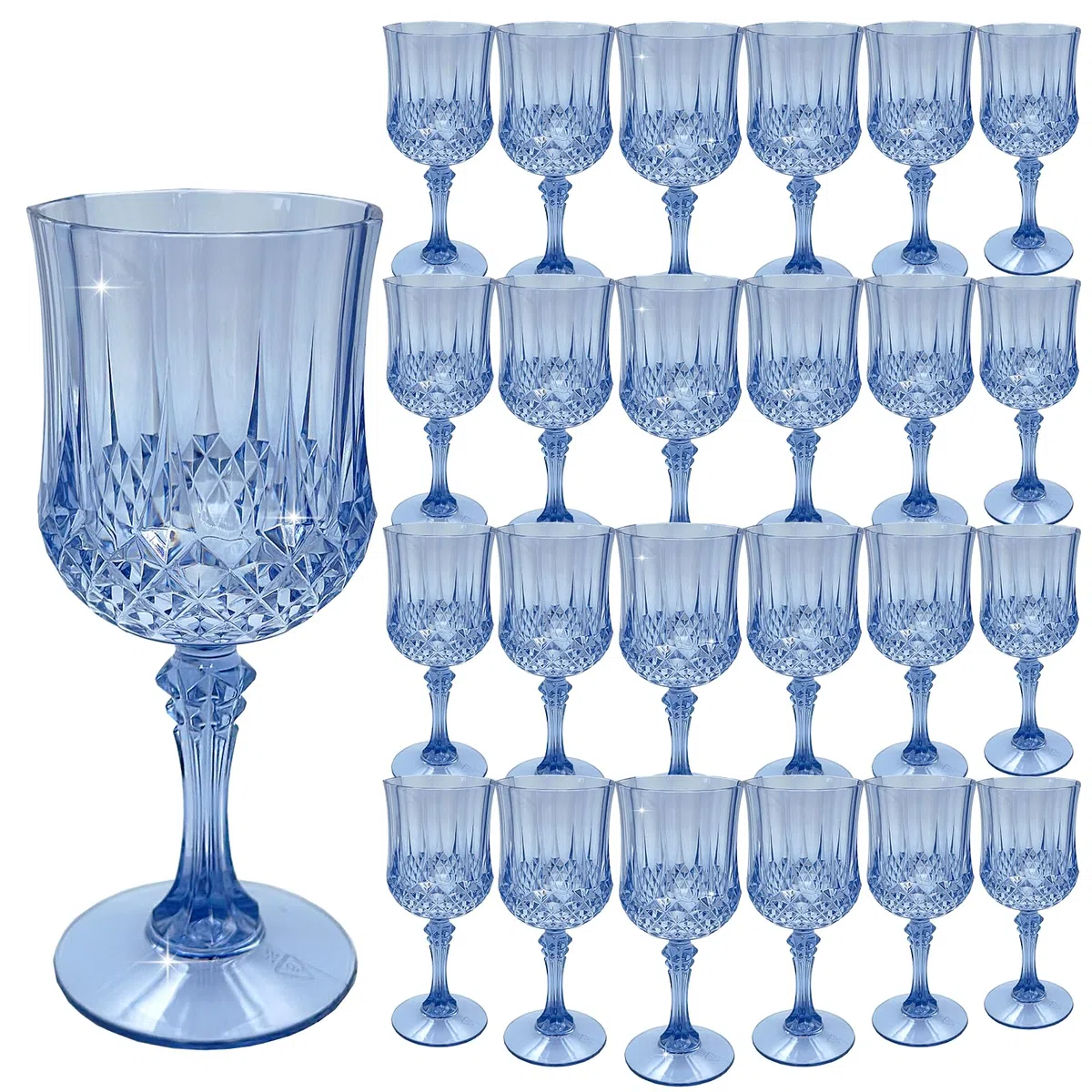 Paquete de 24 copas de vino de plástico, copas vintage de 7 onzas para boda | Vaso reutilizable de cristal irrompible, elegante vaso azul para fiesta, aniversario y celebración de vacaciones