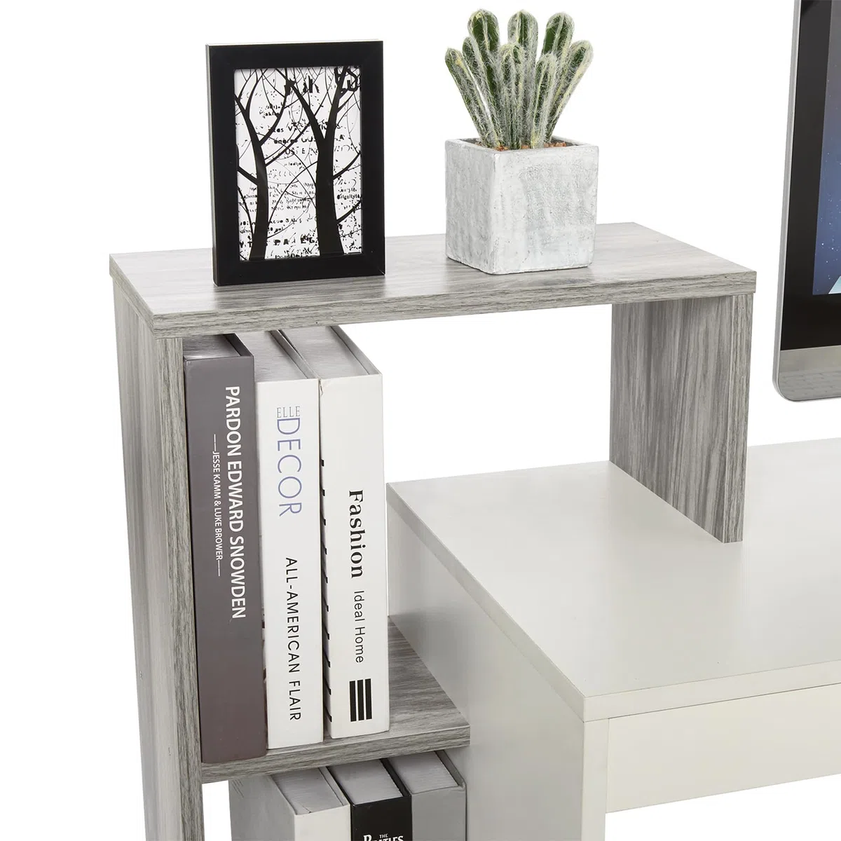 Mondeer Escritorio, Mesa de Ordenador con Estante de Almacenamiento de 3 Niveles, Ahorro de Espacio, para Oficina Estudio Estación de Trabajo, 110 x 40 x 92 cm, Blanco y Gris