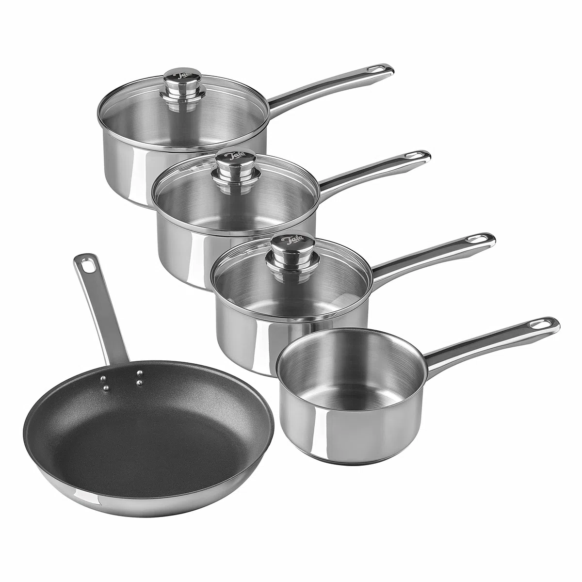 Tala Performance - Juego de utensilios de cocina de acero inoxidable de 5 piezas que contienen cacerolas con tapas de vidrio, 16, 18 y 20 cm, sartén de leche de 14 cm, sartén antiadherente de 24 cm