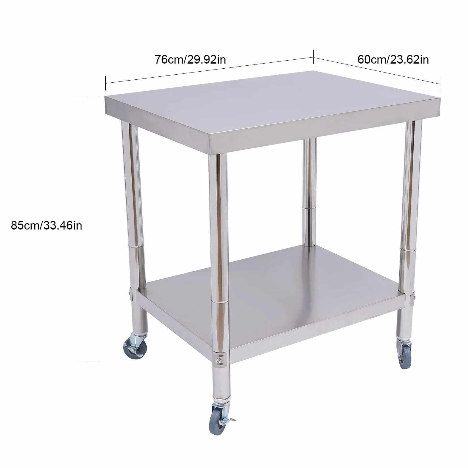 OUKANING Carro de servir de acero inoxidable de 2 niveles, mesa de trabajo de cocina de acero inoxidable con ruedas, mesa de acero inoxidable, gastronomía doméstica/comercial, capacidad de carga 300