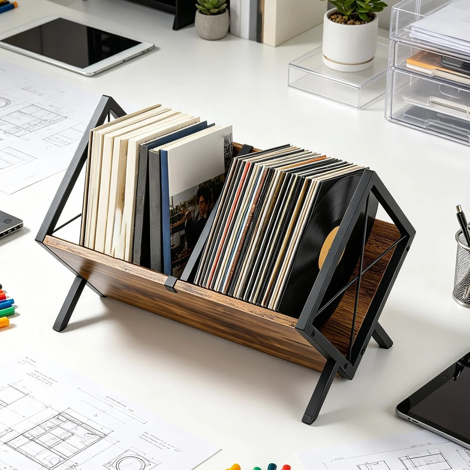 Soporte De Almacenamiento Para Vinilos Ajustable, Amplio Y Acabado Marrón | Expositor de Colección de Álbumes Para Dormitorio Estudio Biblioteca Habitación Juvenil Salón