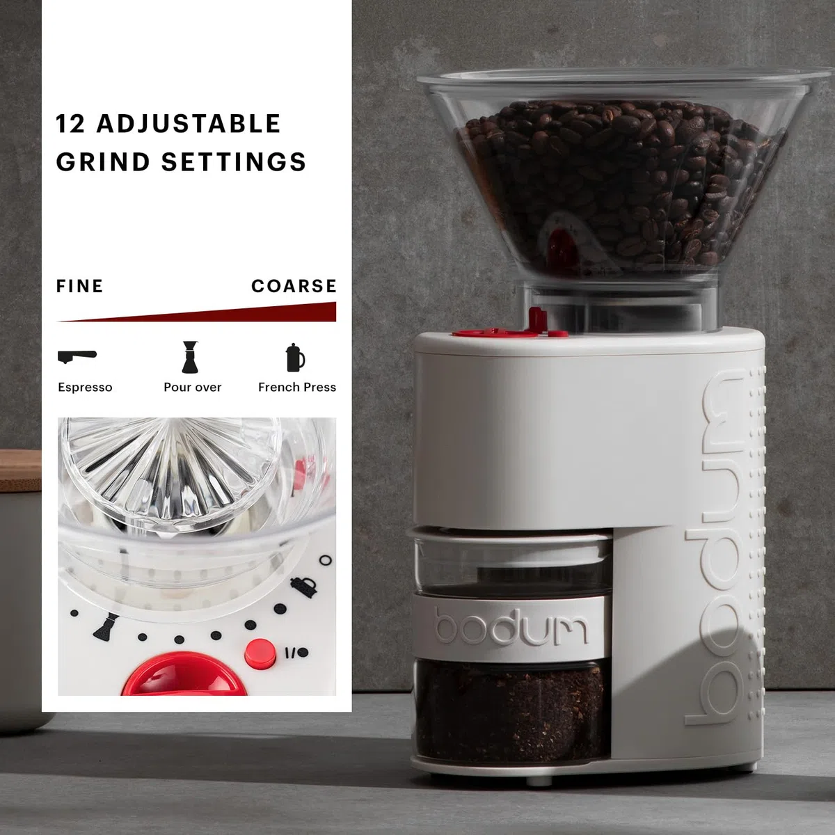 Bodum BISTRO Burr Grinder, Electronic Coffee Grinder with Continuously Adjustable Grind, White