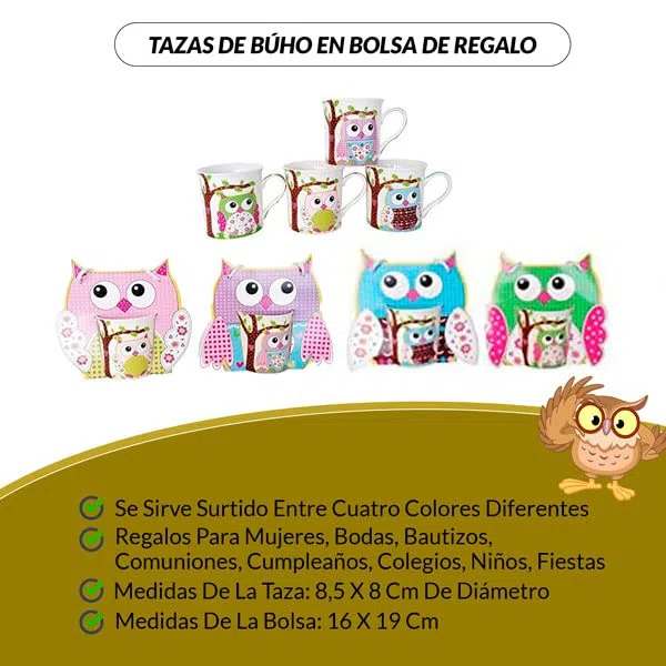DISOK Set de 24 Tazas Buhos En Bolsa De Regalo - Detalles y Recuerdos Bodas, Comuniones, Cumpleaños Niños y Niñas Infantiles. Tazas Originales