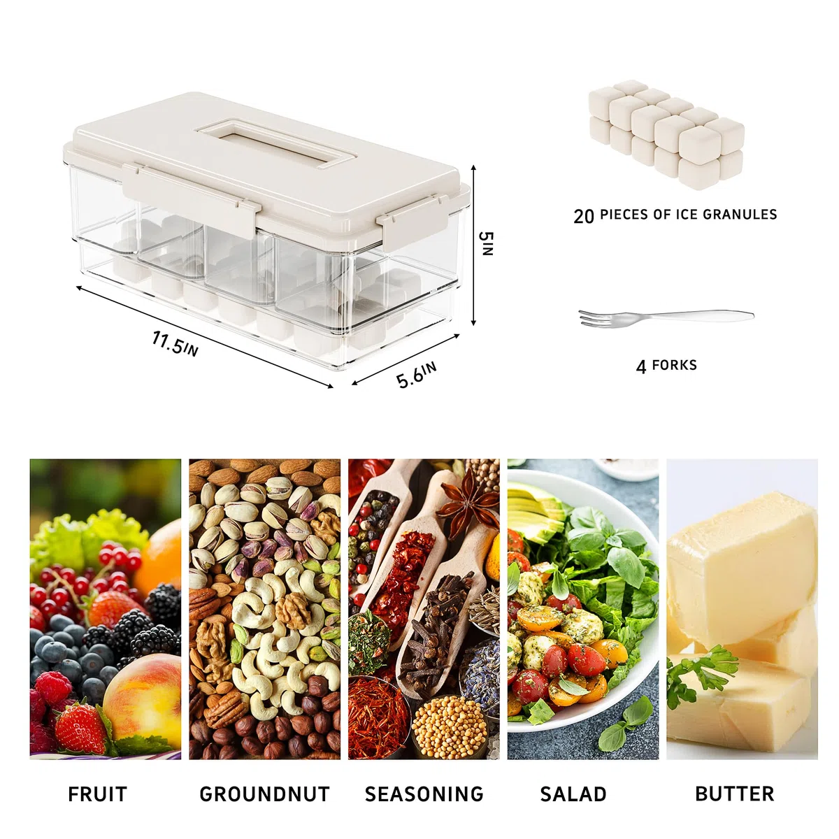 Paquete de 2 organizadores de condimentos enfriados con hielo con 4 recipientes y 4 tapas, bandeja para servir frutas con asa, organizador de condimentos portátil para suministros de barra de